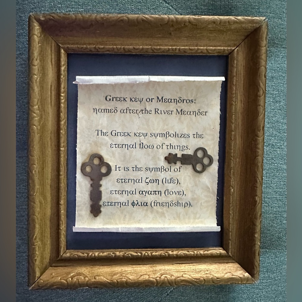 Repurposed OLD FRAME Greek Key Symbol Art - AUTHENTIC ANTIQUE KEYS